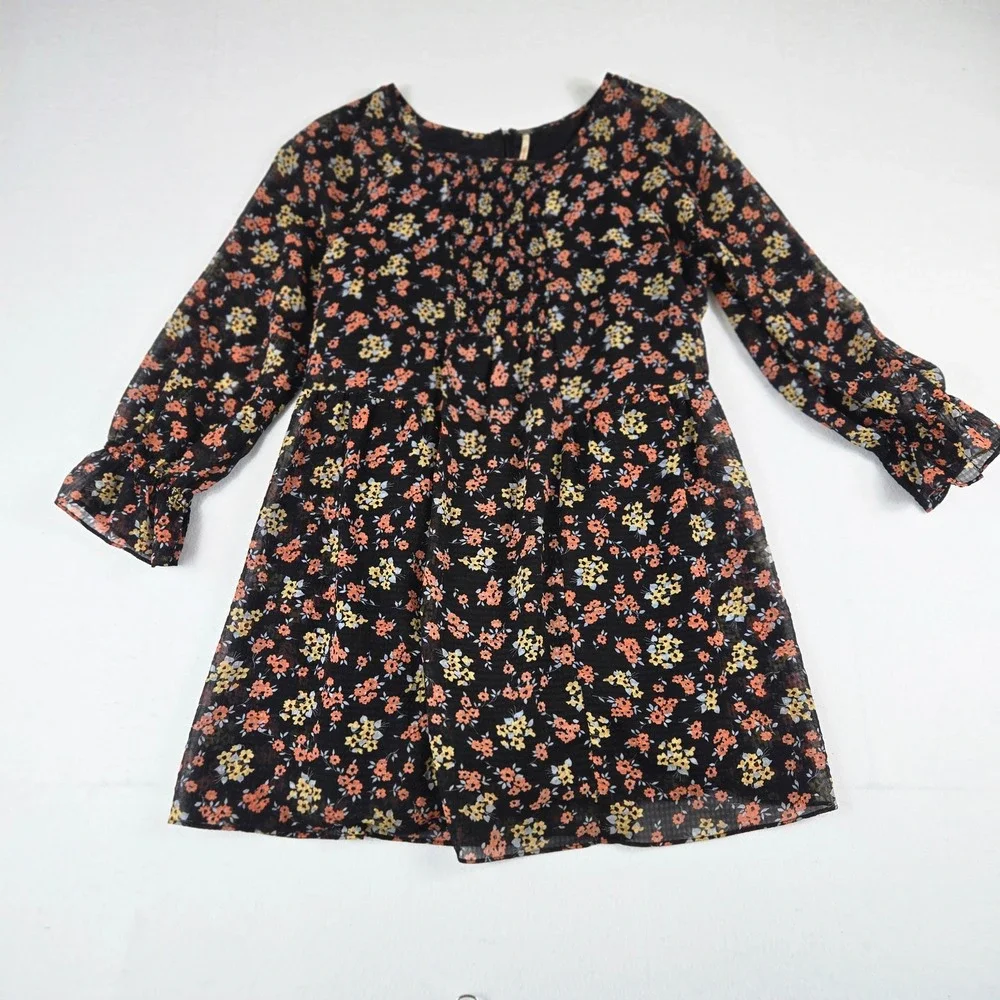 Free People Floral Mini Dress Womens S Black Good Smocked Long Sleeve Boho (D11)